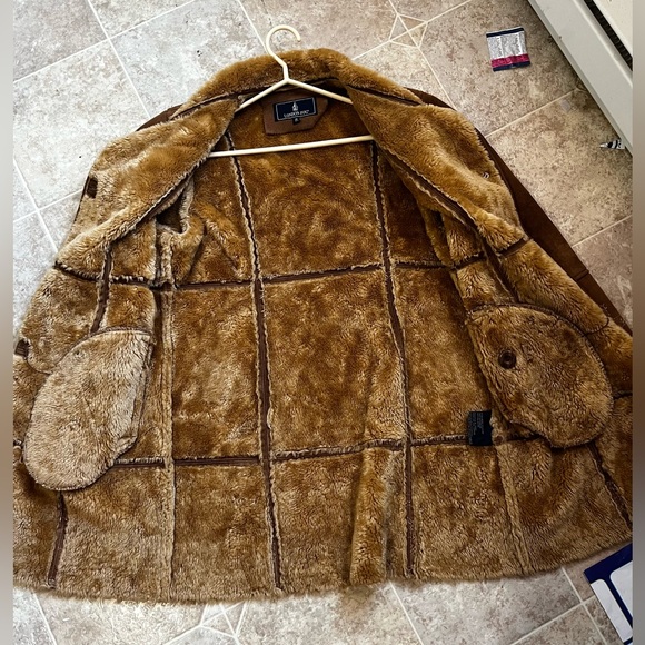 London Fog Faux Shearling coat-Brown Suede w/embroidered Trim & plush lining - Picture 6 of 7
